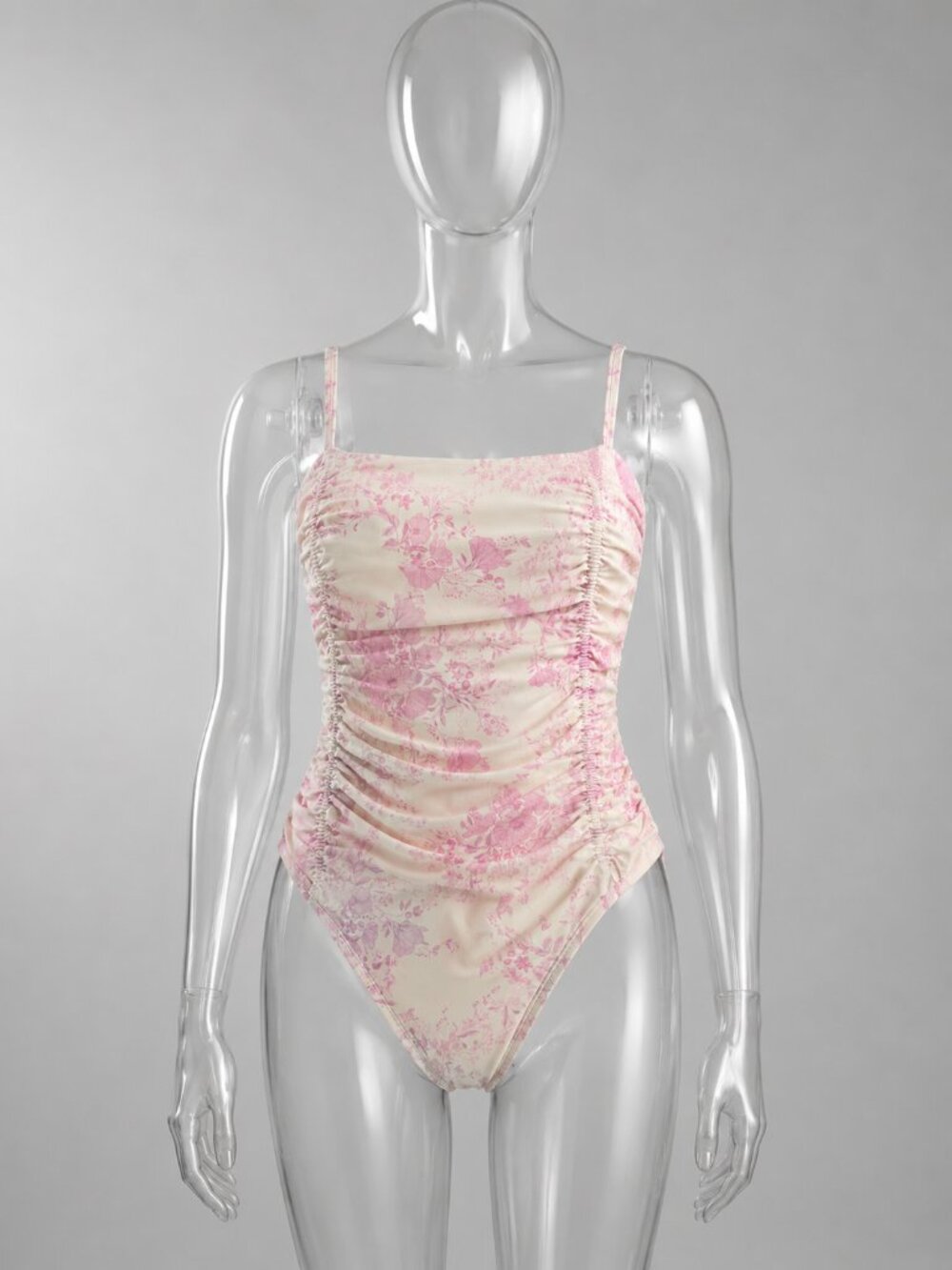 Shade & Shore XL Pink Floral Ruched One-Piece Swimsuit NWT Cottagecore Swimwear